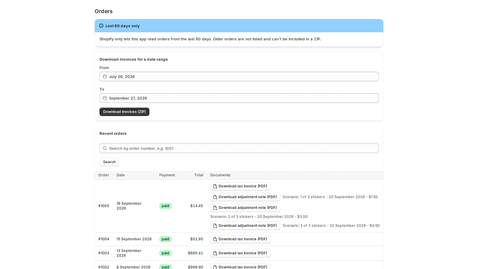NullGlitch Tax Invoices, our own Shopify app, listing orders with tax invoice and adjustment note downloads